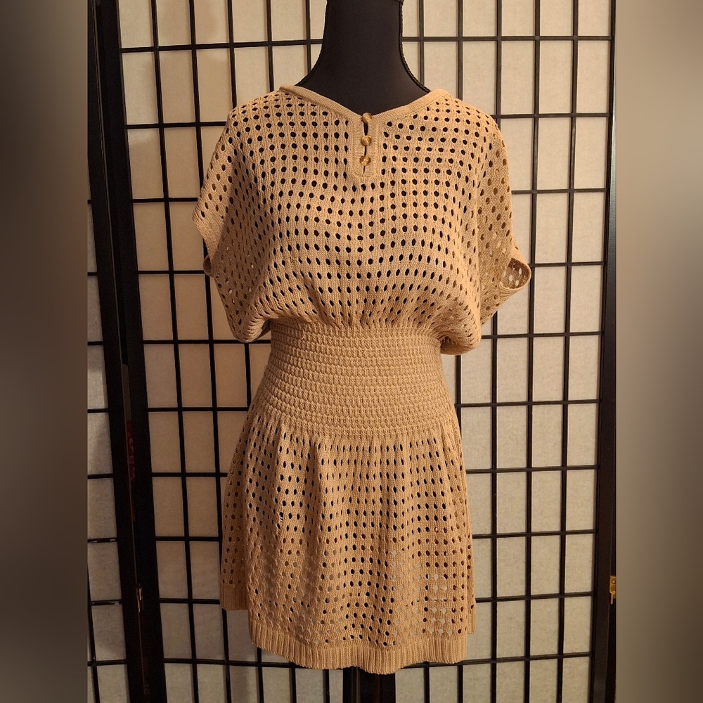 Chic Tan Knit Bathing Suit Cover Or Dress